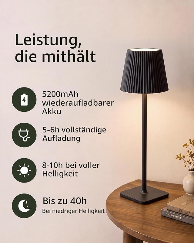 Kabellose LED Tischlampe Akku Tischleuchte Schwarz VELA TL02