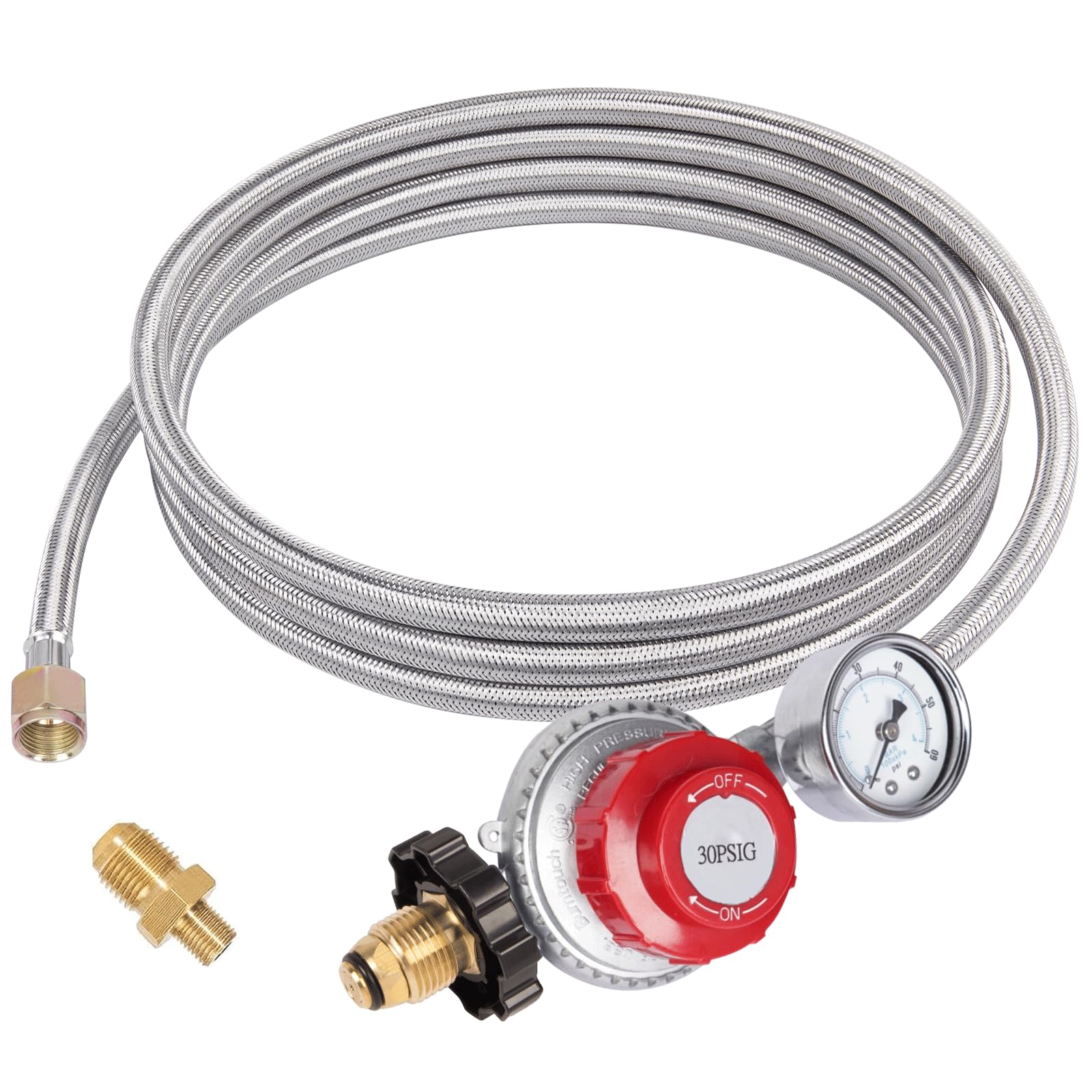 Photo 1 of GASPRO High Pressure Propane Regulator with 12FT Braided Hose, 30-PSI High Flow Propane Regulator with Gauge, Fit for Forge, Fire Pit and More