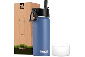 koodee Kids Water Bottle 16 oz Stainless Steel Double Wall Vacuum Insulated Wide Mouth Sports Water Bottle with Straw, Reusable Metal Water Flask for School, BPA Free (Royal Blue)
