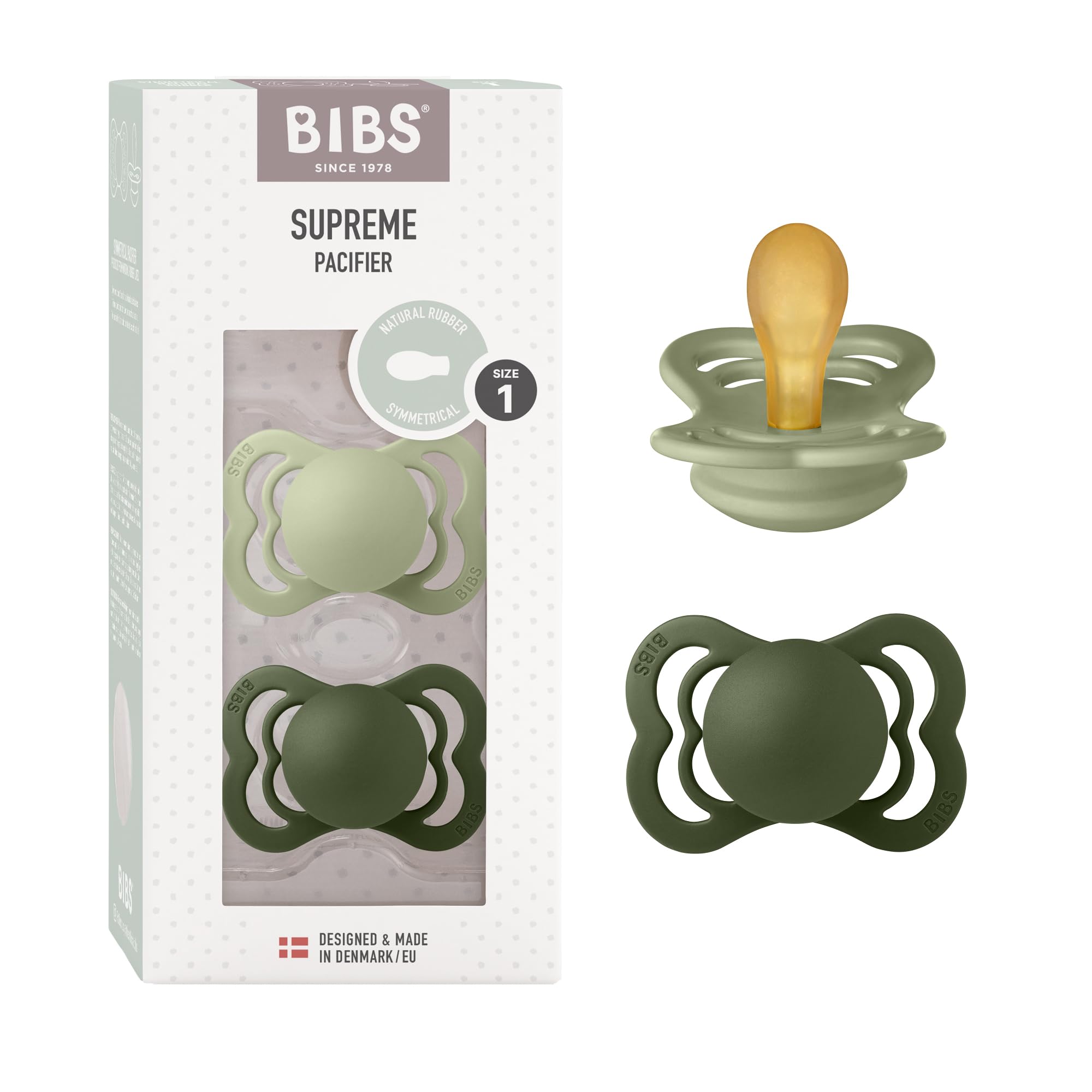 BIBS Supreme Soother 2-Pack, BPA Free Dummy Pacifier, Symmetrical Nipple. Natural Rubber Latex, Size 1 (0-6 Months), Sage/Hunter Green