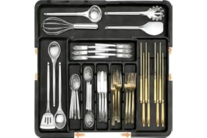 22"X 19" Black 6 To 9 Slots ware Organizer Expandable Large Drawer Utensil with 2 Removable Knife Blocks cutlery Tray Divider