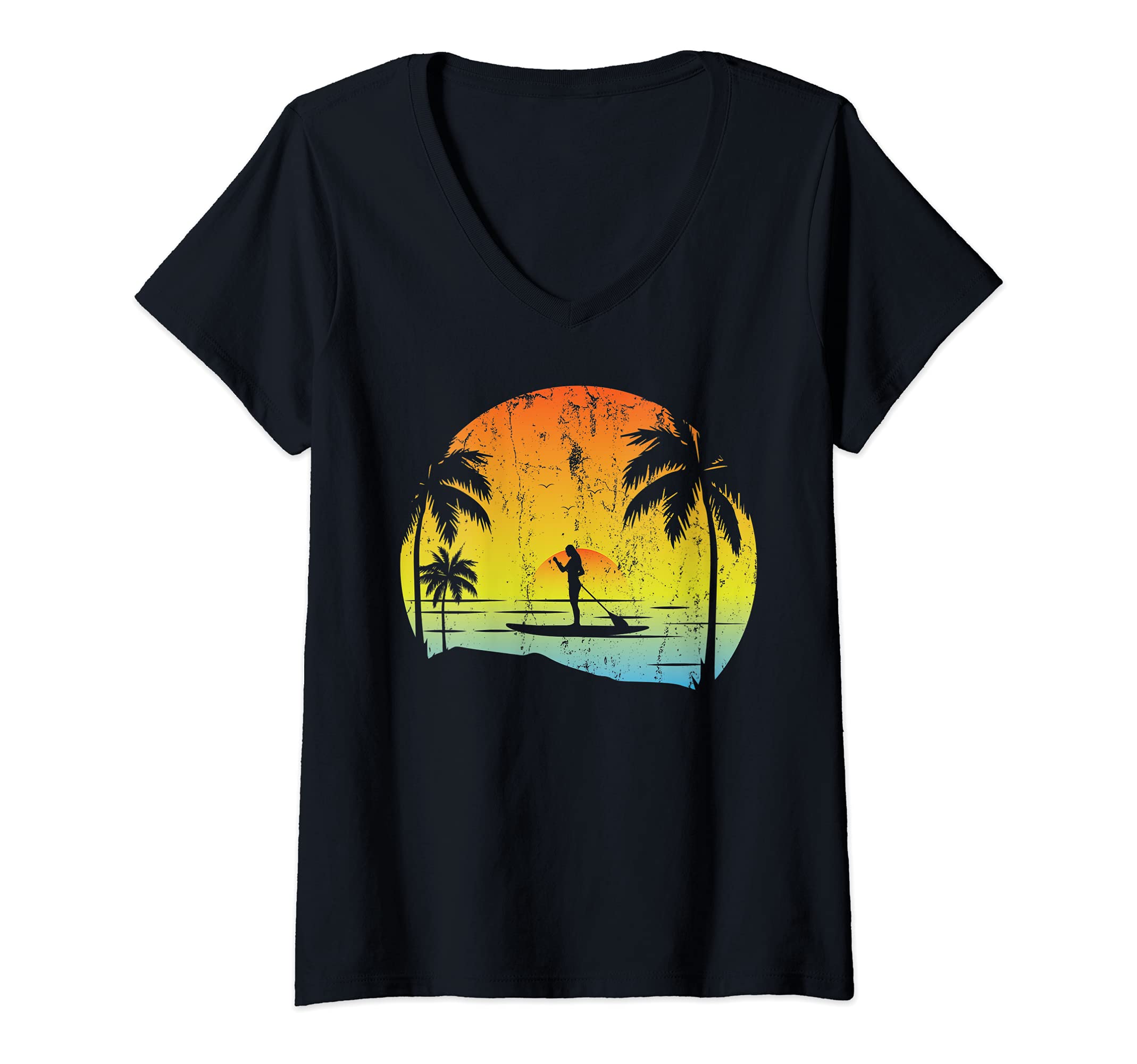 Womens Sea Water Sport Stand Up Paddling Paddleboarder Sunset SUP V-Neck T-Shirt