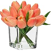 DILATATA Artificial Peach Tulips in Vase with Faux Water 5.5" Real Touch Flowers Fake Tulips Small Flowers Arrangement in Cube Glass Vase for Mother's Day Table Centerpiece Wedding Home Decor