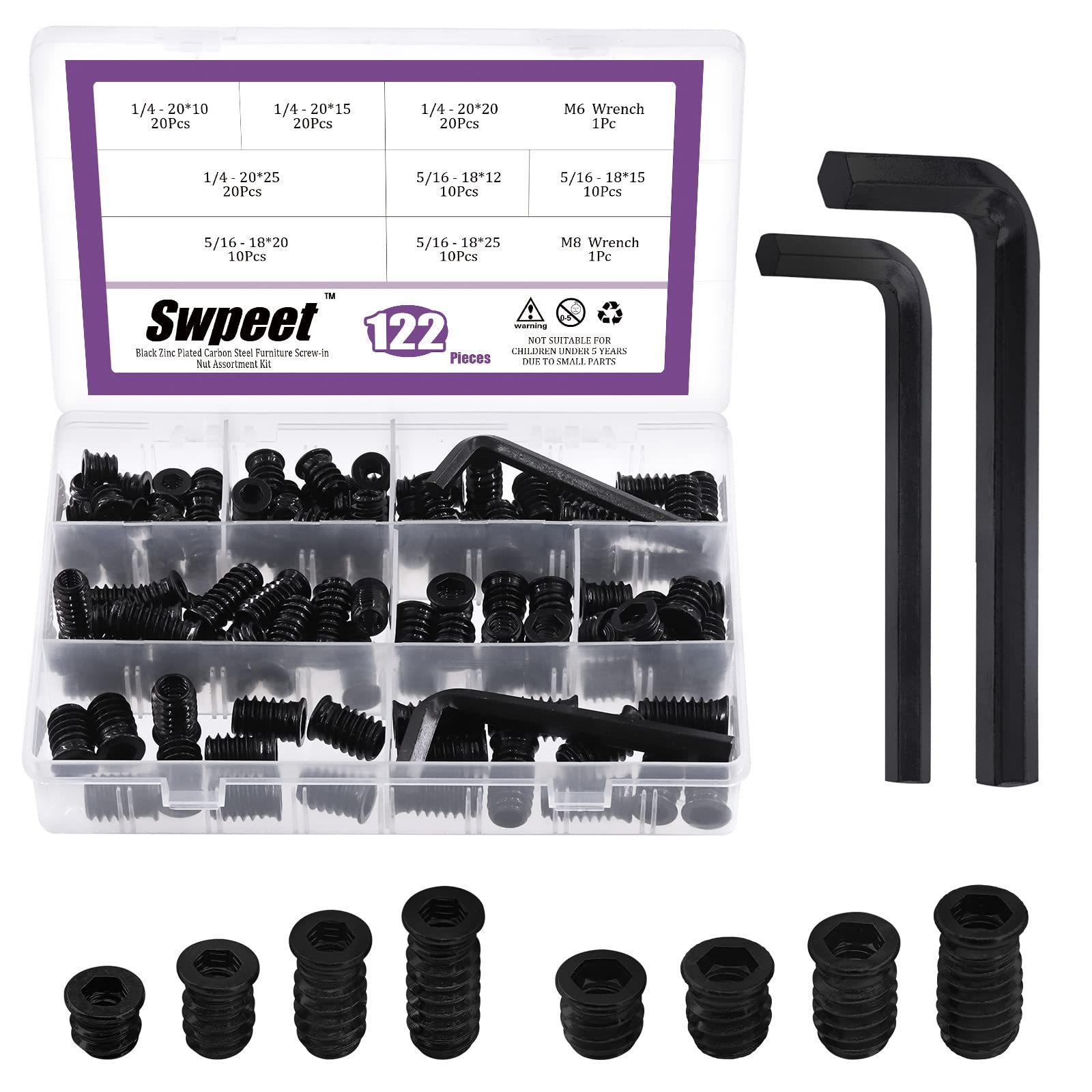 Swpeet S2522 122Pcs 1/4 inch + 5/16 inch Black Zinc Plated Carbon Steel Carbon Furniture Screw in Nut Threaded Wood Inserts Threaded Inserts Bolt Fastener Connector Hex Socket