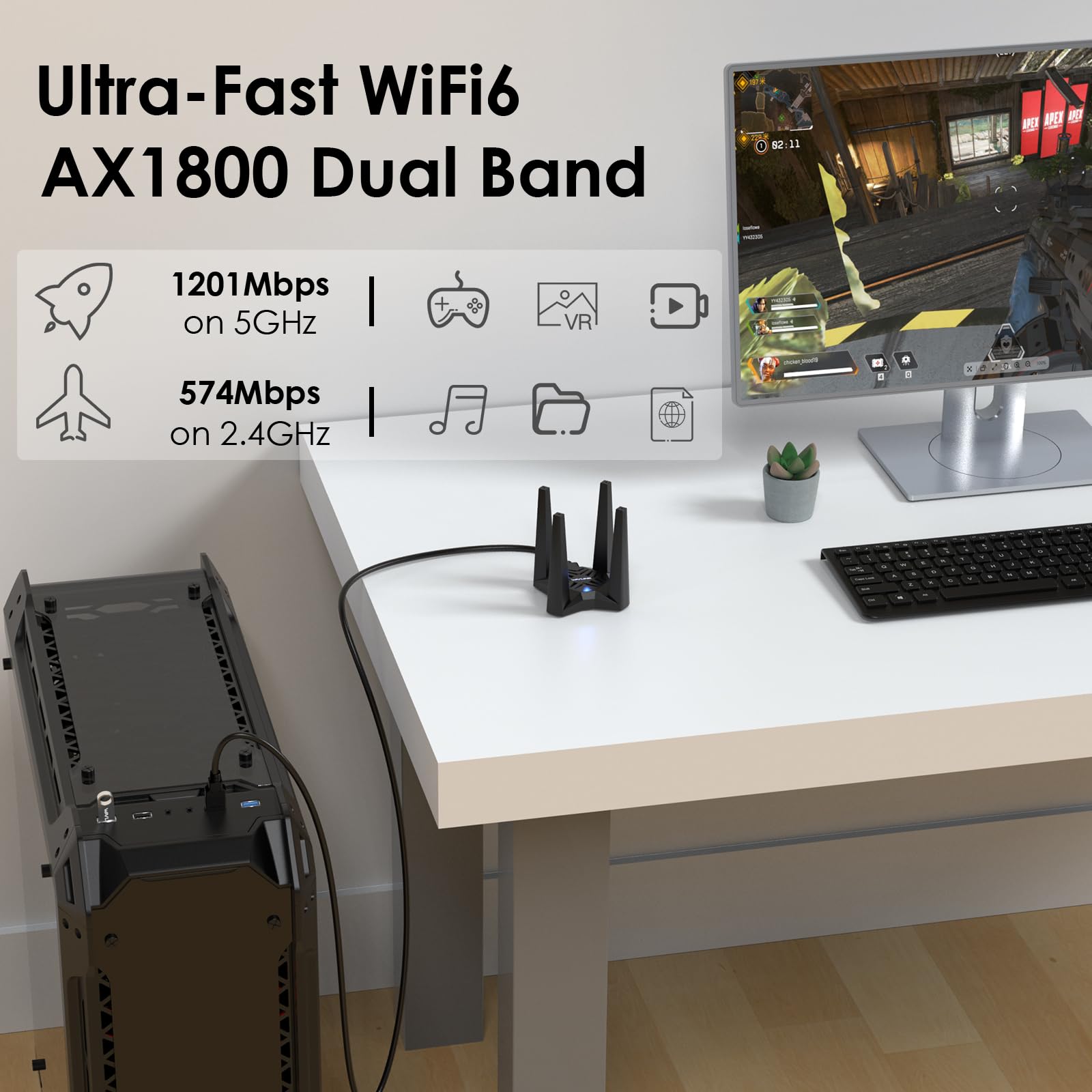 USB WiFi Adapter for Desktop PC, WAVLINK AX1800 WiFi Adapter Dual Band Wireless Network with High Gain Antennas, MU-MIMO, Supports Windows XP/Vista/7/8/8.1/10/11 MacOS 10.7-10.15