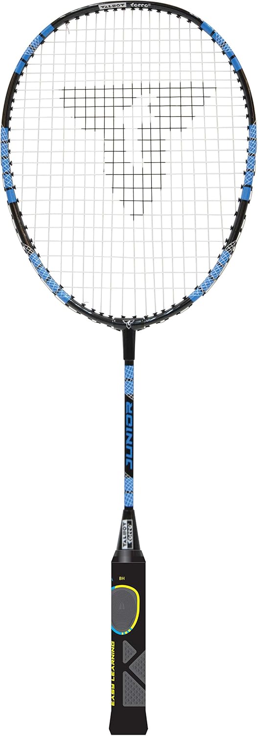Talbot Torro Raqueta de Aprendizaje de Badminton ELI Junior, Longitud Acortada 58 cm, Mango de Aprendizaje, Cabeza en Forma de Gota, Negro-Amarillo-Azul, 419613