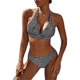 KOKITA Women's Mid Rise Bikini Suit Halter Neck V Tie Push Up Front Classic Polka Dot Two Swimsuit