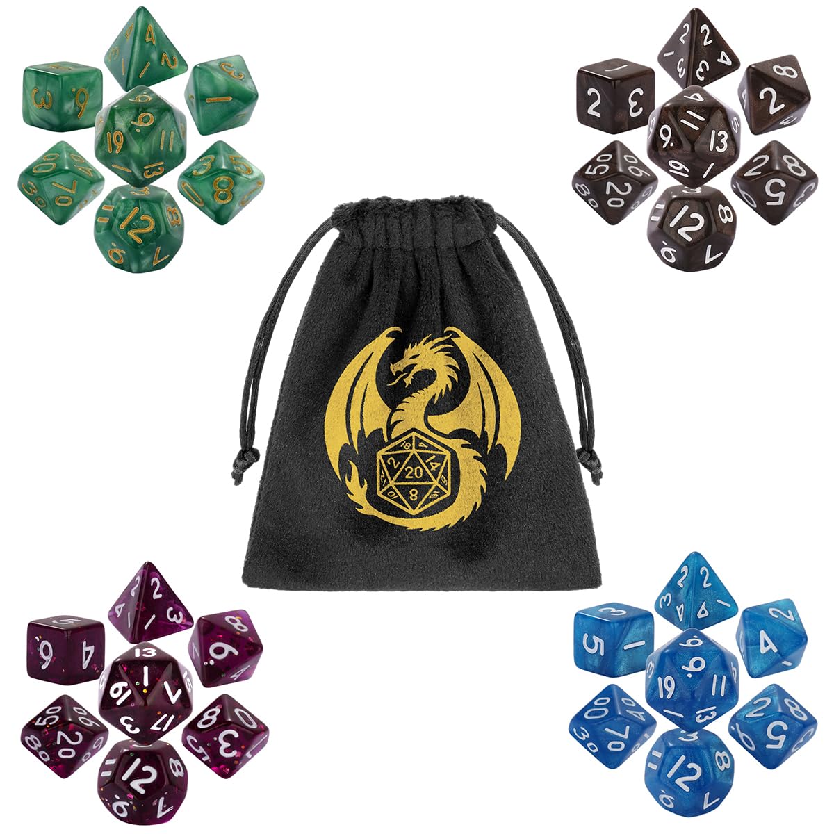 Mini Polyhedral Dice Set, Four-Colors Dice Sets with D4 D6 D8 D10 D% D12 D20, Acrylic Material, DND Starter Set, Dice Set with Dice Bag, Role Playing Board Games Accessories, Coffee+Blue+Green+Purple