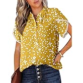 Dokotoo Women's Casual V Neck Floral Print Smocked Short Cap Sleeve Button Down Chiffon Blouses Pleated Top Shirts