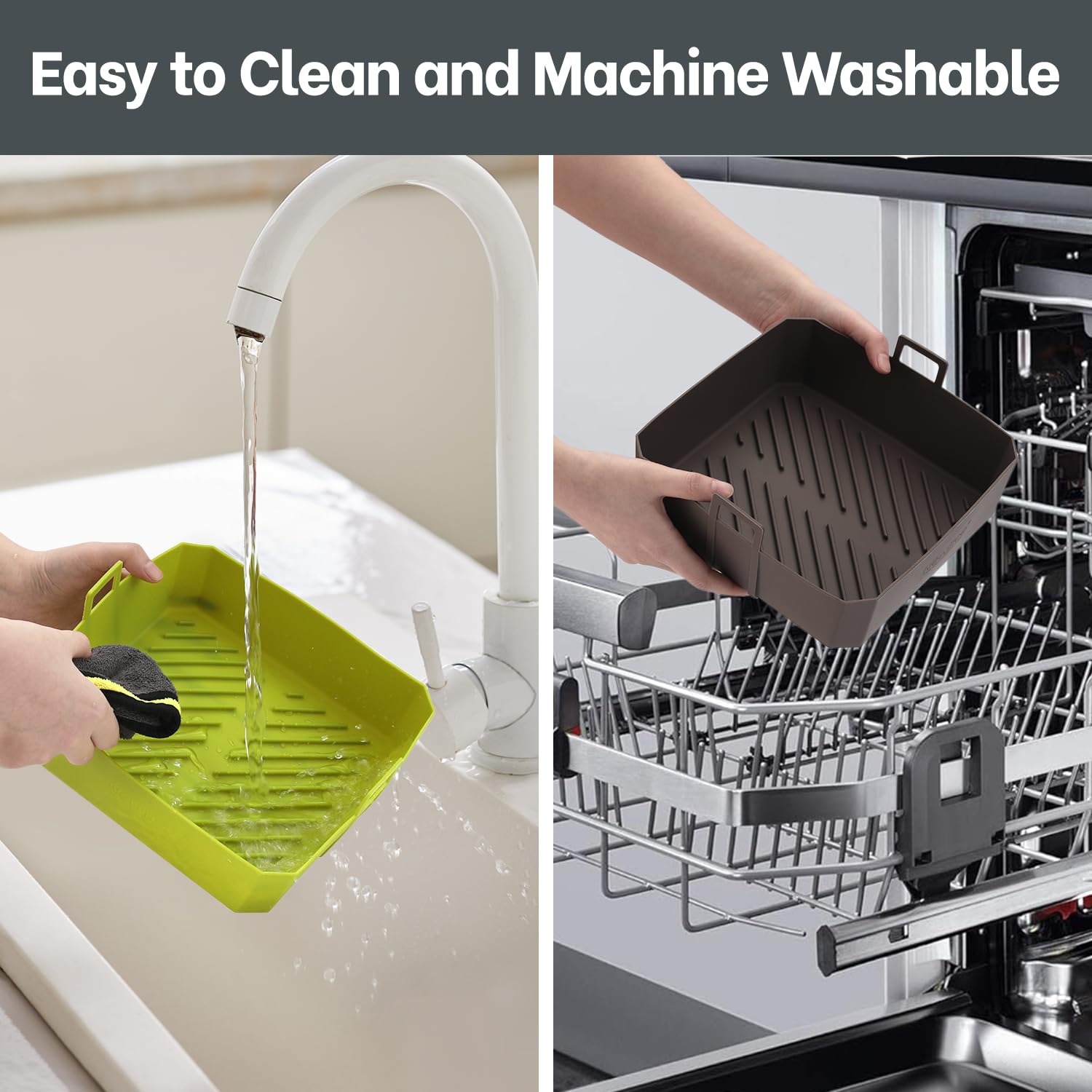 NEWITEE 5 QT Air Fryer Silicone Liners for Ninja AF141/AF142/AF181/AF182 & COSORI CAF-L501, 2 Pack BPA Free Platinum Silicone Basket, Square Reusable Air Fryer Liners with Handle, Upgrade