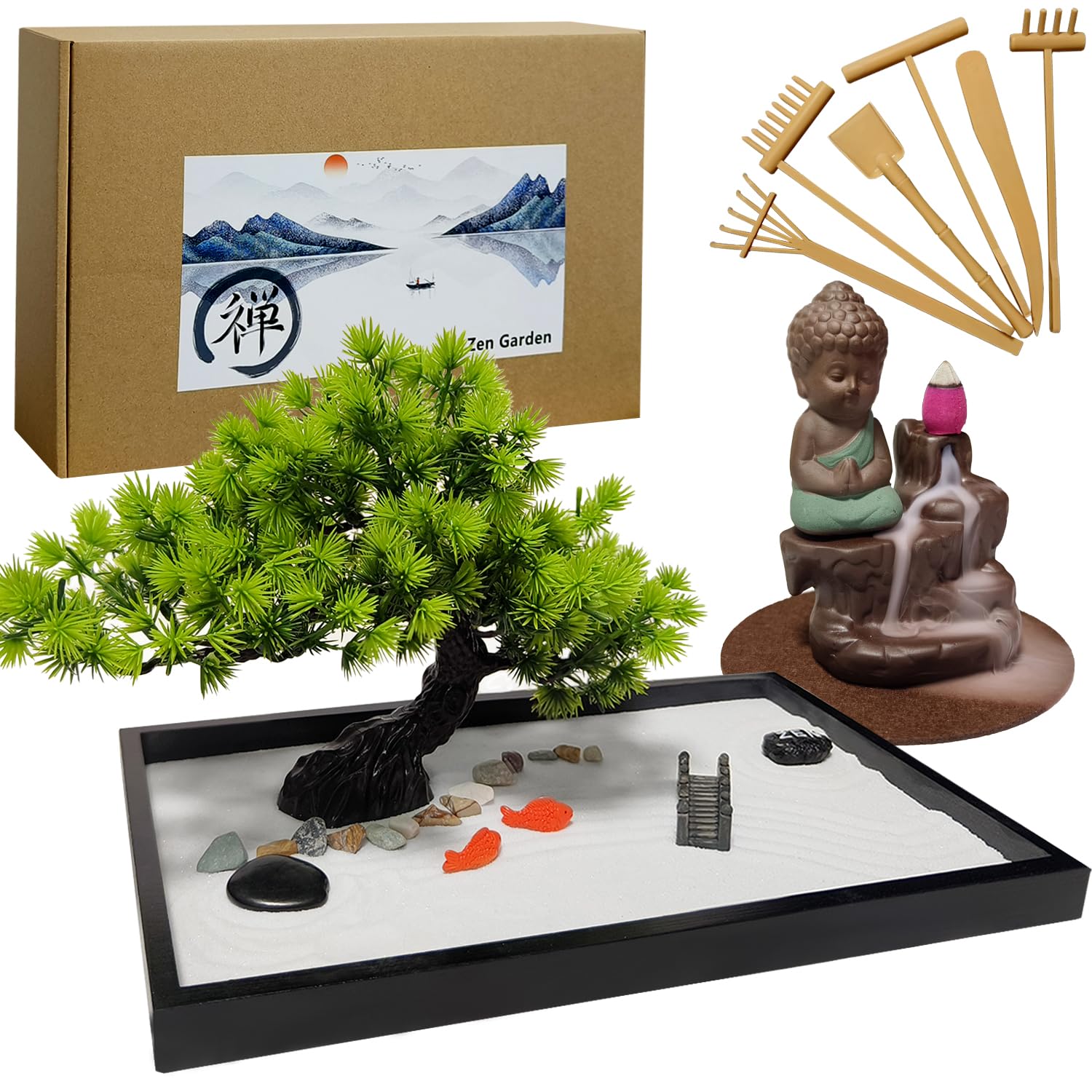 LuXianYS Zen Garden Meditation Gift Set 12x8in, Japanese Zen Sand for Desk, Mini Rock Garden Gift Set with Backflow Incense Burner, 6 Tools