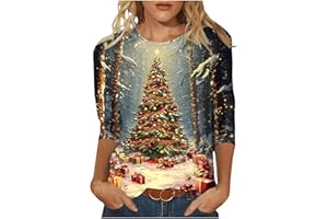 TXXEOSS Christmas 3/4 Sleeve Tops for Women Snowflakes Snowman Reindeer Merry Christmas Trees Lights Bright Shirts Plus Size