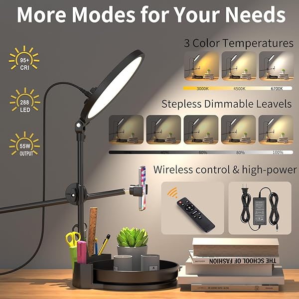 JJ JIANJIN DESK RING LIGHT WITH STAND,55W DIMMABLE FULL SCREEN RING LIGHT,WITH ROTATING STORAGE BOX,PEN HOLDER STAND,PHONE HOLDER&CONTROLLER (PINK, 10.5)