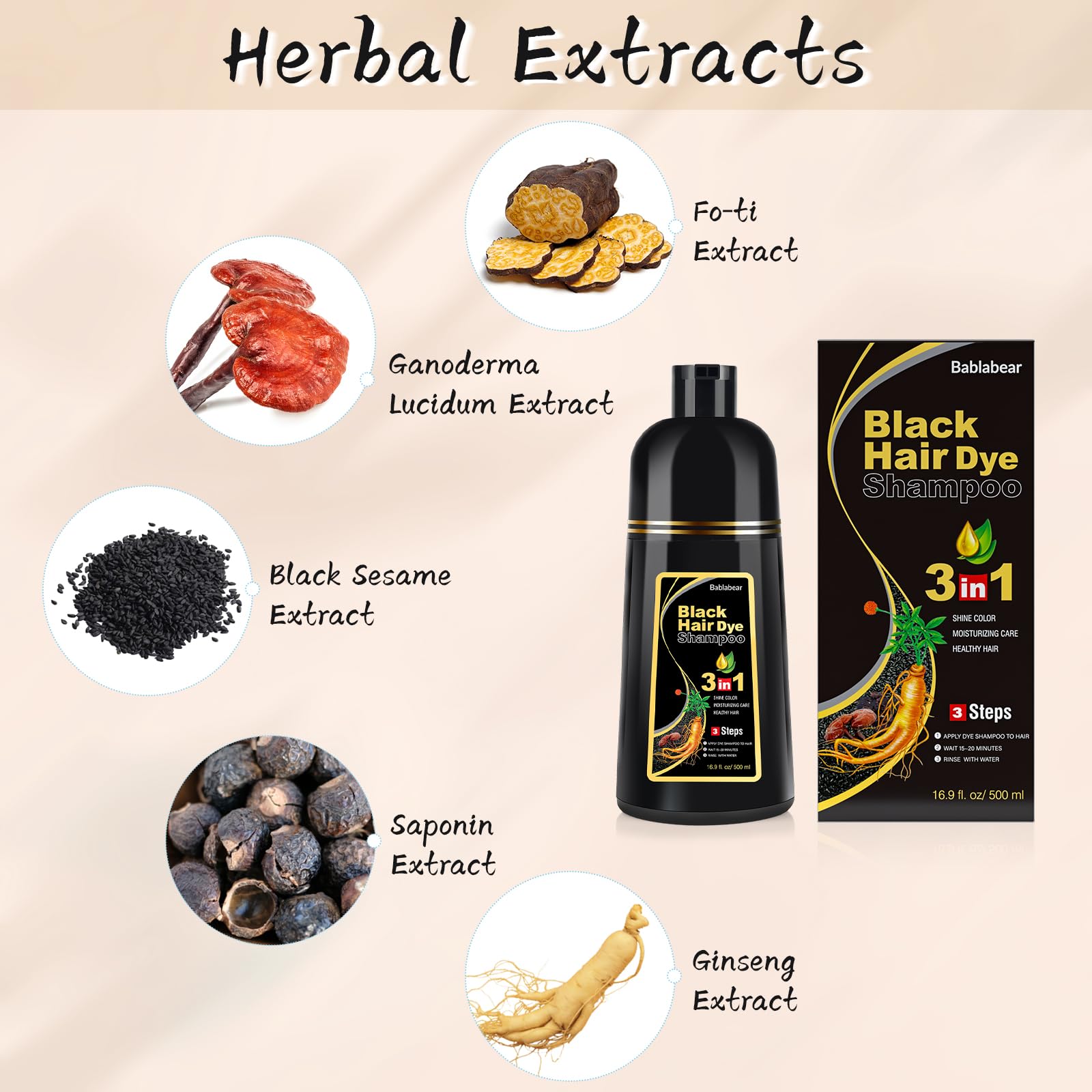 Bablabear Black Hair Dye Shampoo for Gray Hair, Semi-Permanent Hair Color Shampoo for Women and Men, Herbal Ingredients, 3 in 1 100% Grey Coverage.Lasts 30 Days/500ml/Natural herbal Ingredients