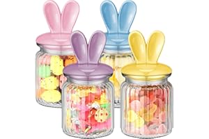 Nitial 4 Pcs Easter Glass Jar with Cap Bunny Ear Egg Clear Candy Jar Decorative Food Storage Canister with Airtight Ceramic Lid for Eater Party Tea Cookie Table Decoration(7.8 oz,Rabbit Ear)