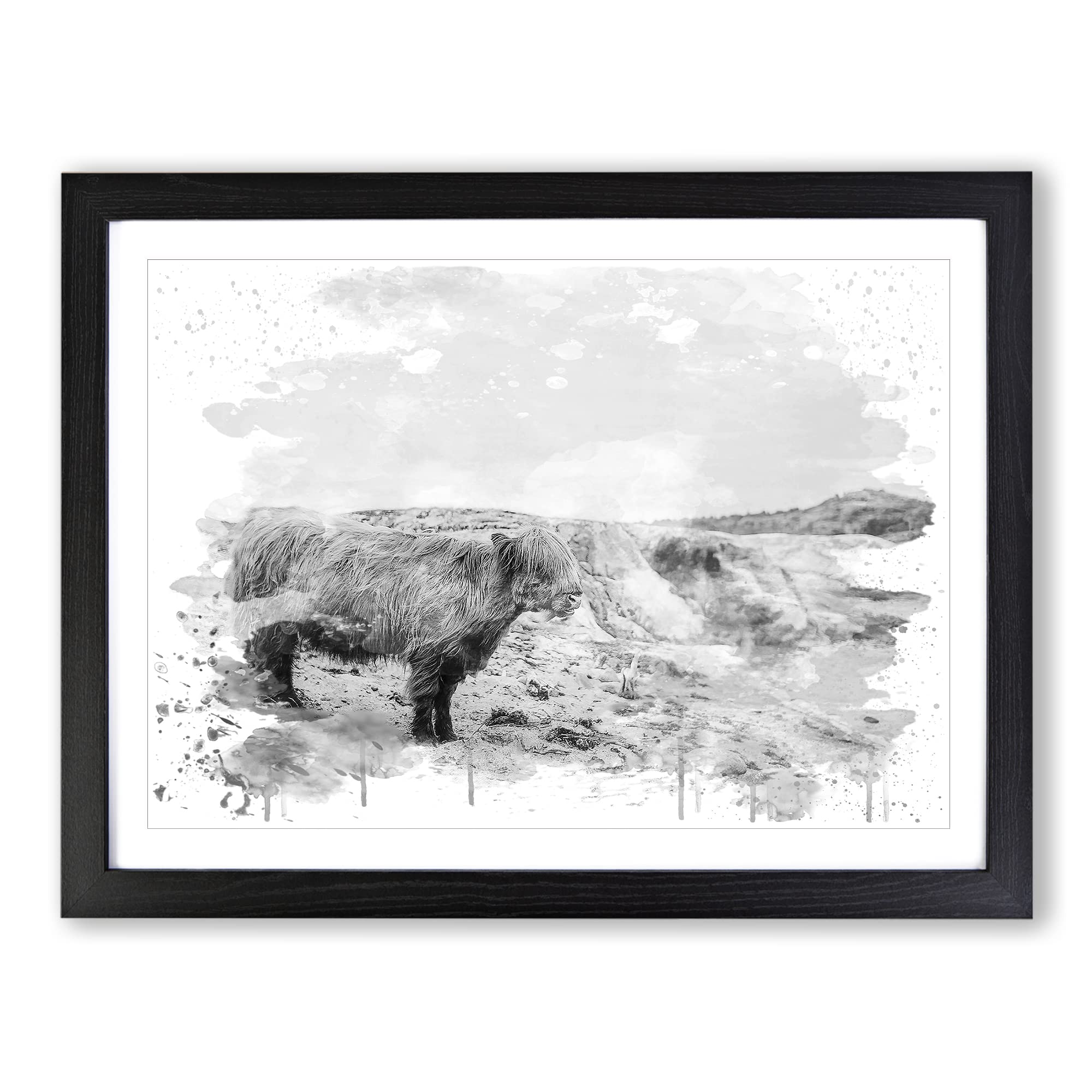 Highland Cow Landscape V4 Modern Framed Print | A4 Black Framed Wall Art | Ready to Hang | Modern Animal Picture | Living Room Bedroom Lounge Office