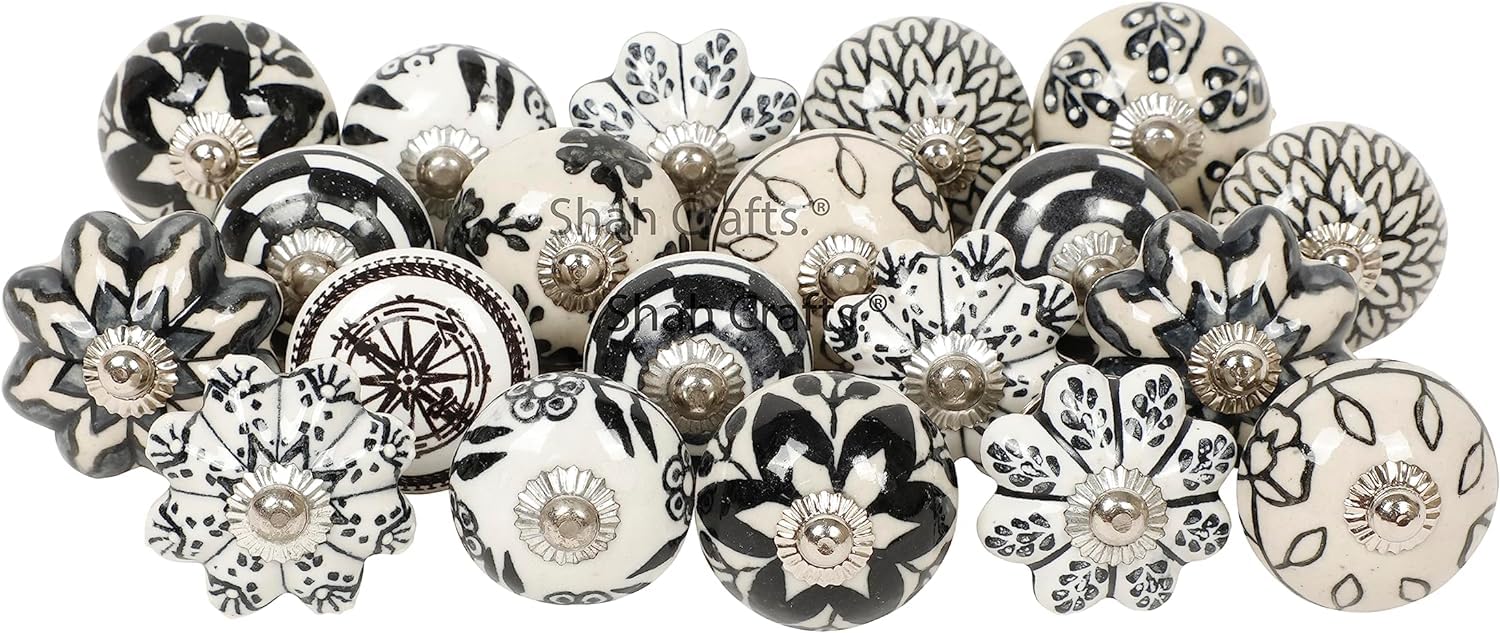 Shah Crafts.Ceramic Door Knobs Black and Off White Premium Door Knob Quality Assorted Flower Designs Handmade for Interior Furniture, Cabinet Cupboard Wardrobe Drawers Pulls Handles — image 1