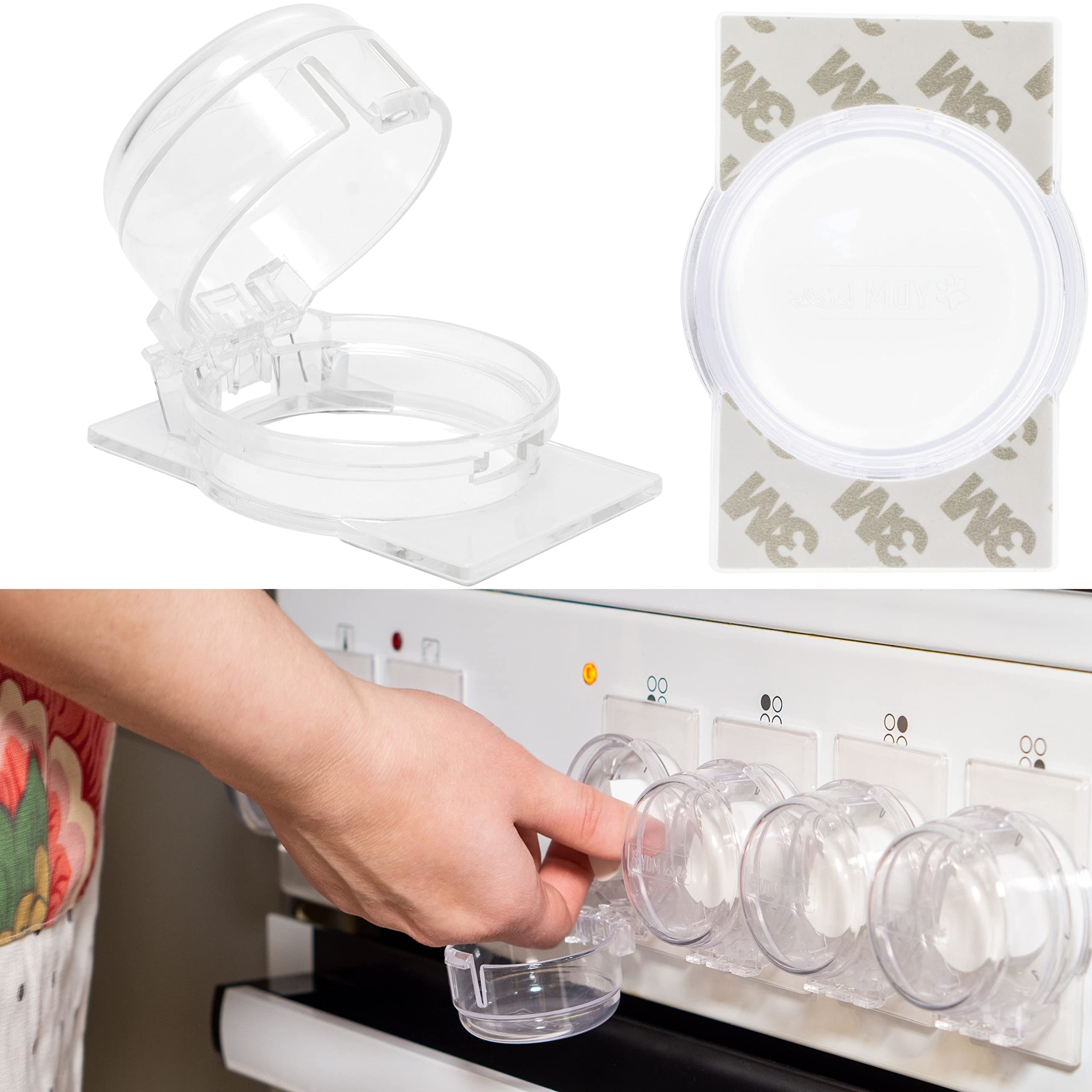 Clear Stove Knob Covers, 6 pcs, for Knobs with max. Ø 1.9", 1.57" Height, 2.4" Knob Distance center-center, White Adhesive, Child Proof Stove Guard, Baby Cooker Button Cover, Oven Knob Cover Toddler