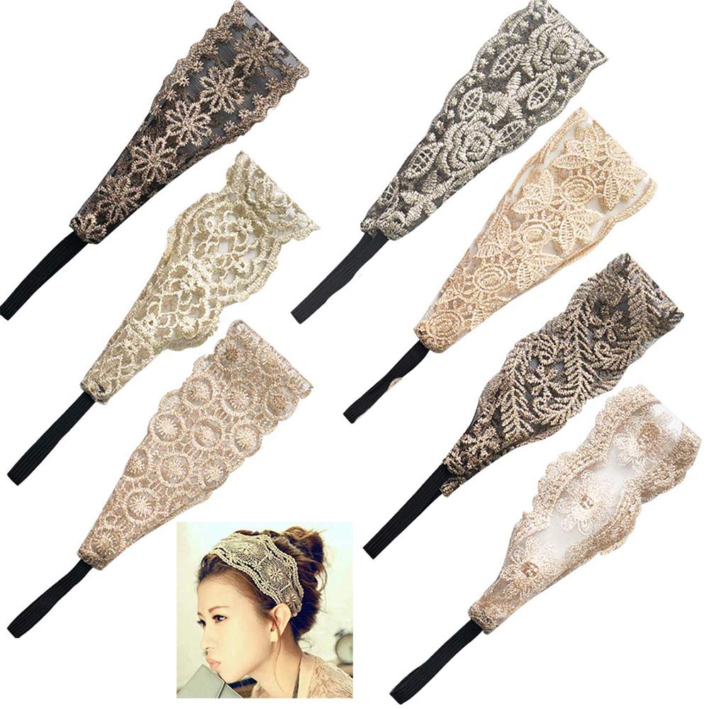 Gnognauq 7 Pcs Lace Headbands Women Girls Wide Headbands Lace Turban Soft Elegant Hair Band Accessories for Fashion