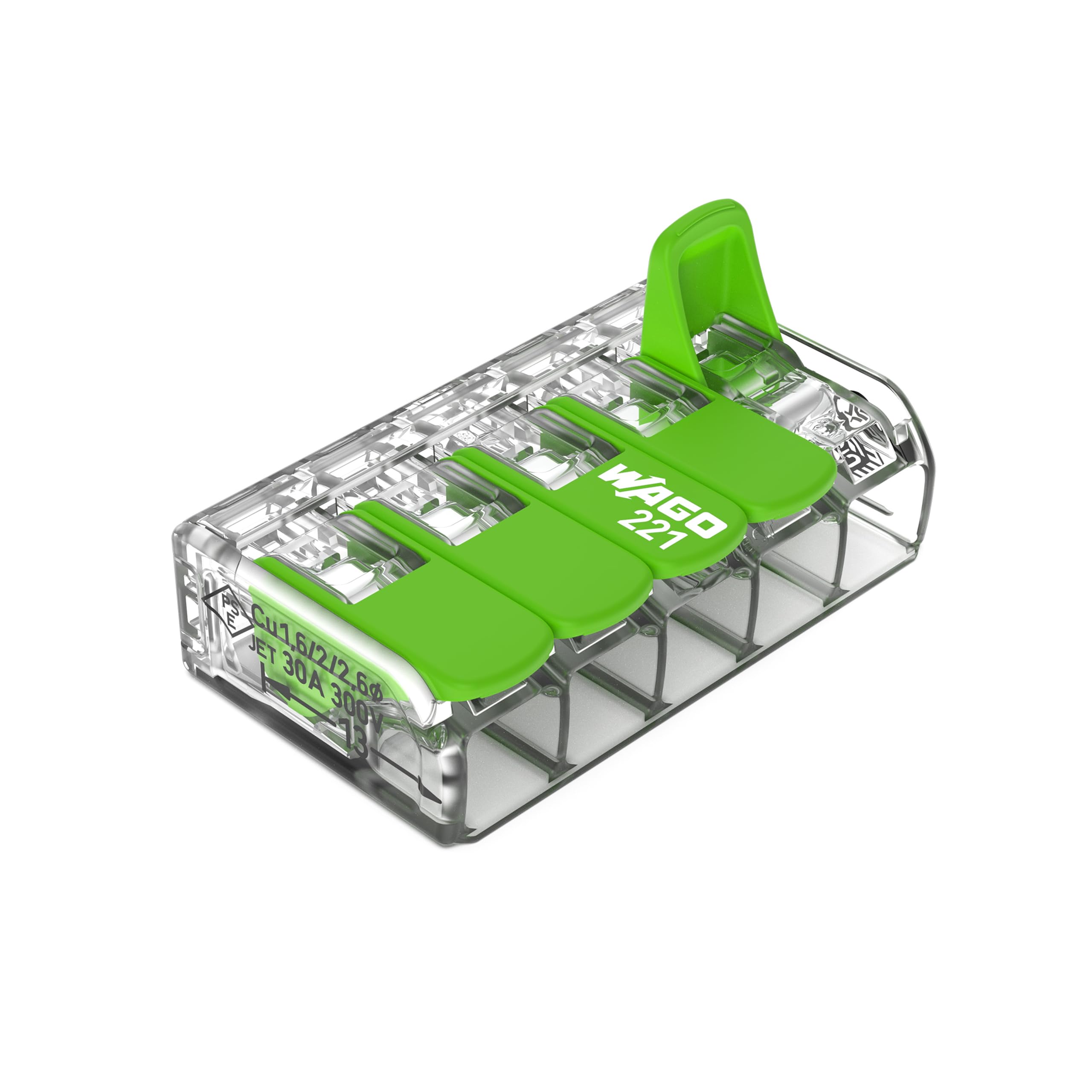 WAGO Green Range Terminal Block 5-Wire, to 4 mm², Splicing Connectors 5-Pole with Lever for All Conductor Types Pluggable, 221-425, 25 pcs