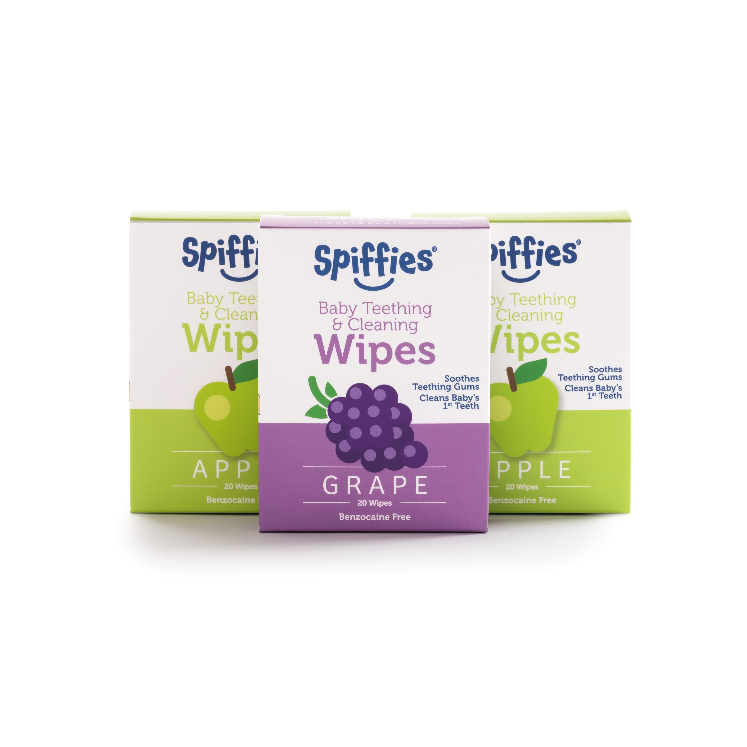 Spiffies Baby Teeth Wipes - Apple & Grape Flavor Variety, Xylitol-Enriched Baby Gum Cleaner & Dental Wipes for Teething Relief and Teeth Cleaning - Safe for Infants & Toddlers, 20 Count (Pack of 3)