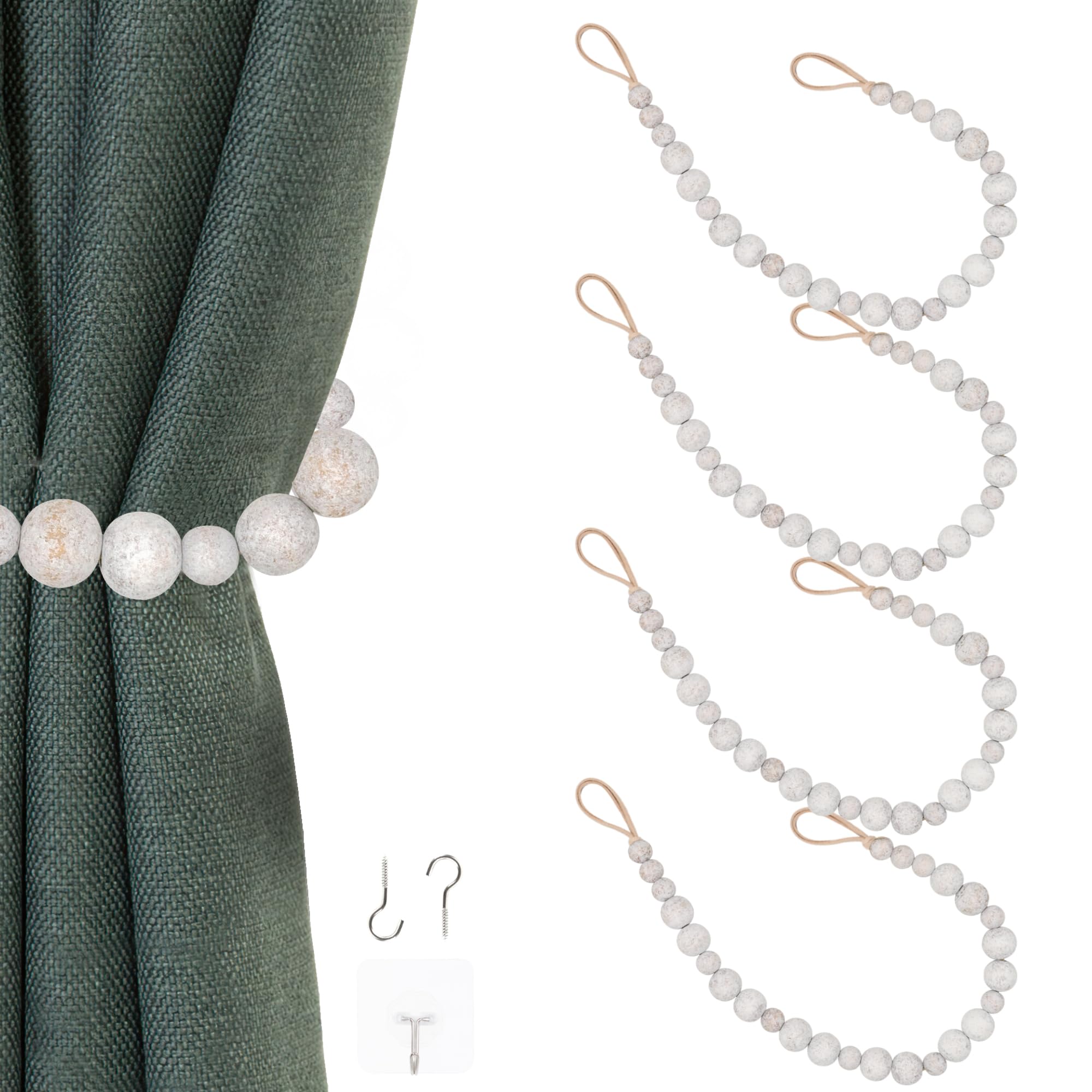 OCIOLI 4 Pieces of Wood Bead Curtain Tieback Boho Tiebacks Holdbacks for Wall Ties Window Treatment Tie Backs with Hooks Pull (Whitewashed Color, 4)