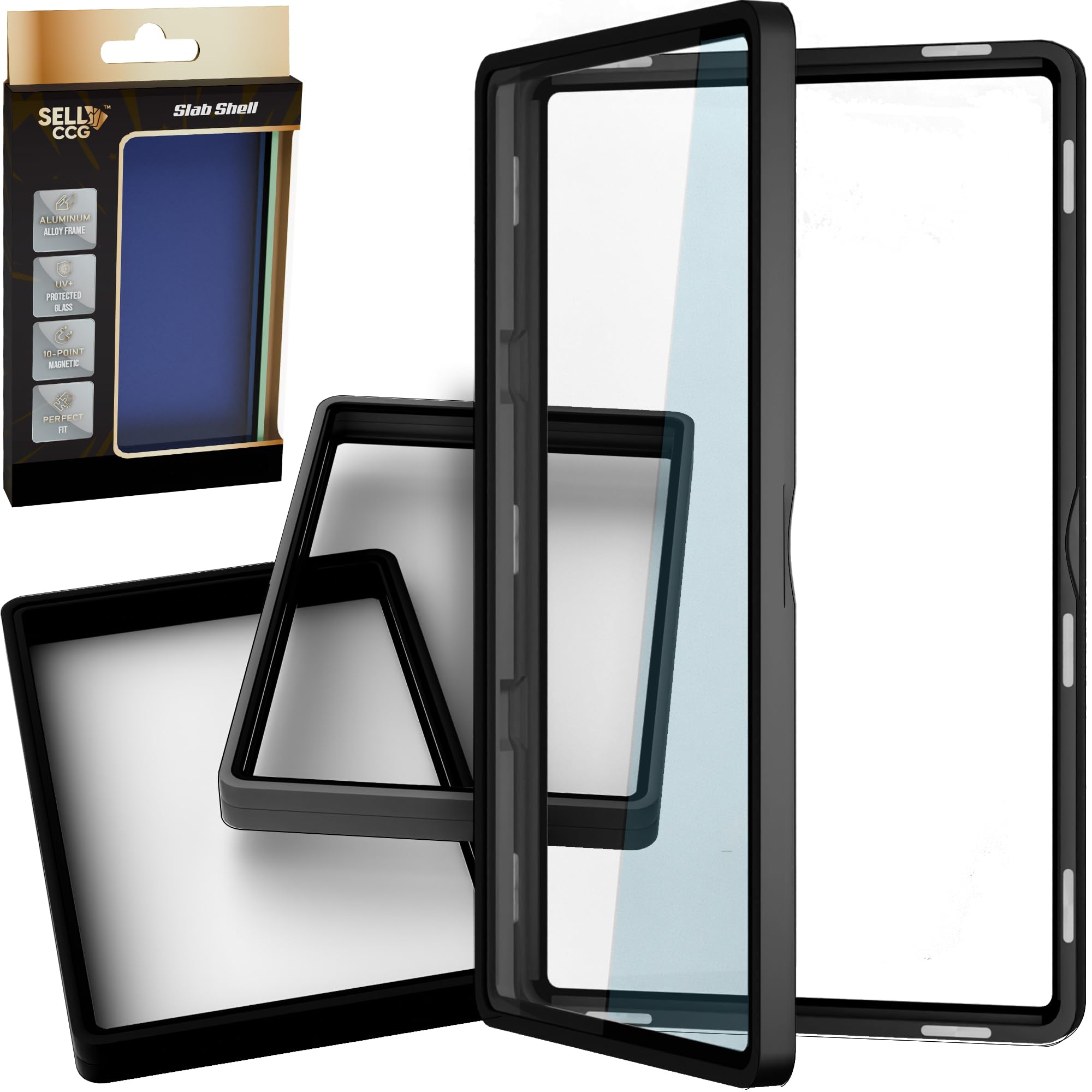 Photo 1 of (3-Pack) SellCCG PSA Slab Shell Case Graded Card Guard PSA, TAG & CGC Metal Magnetic UV Protection Glass Display Bumper Box Protector (Black)