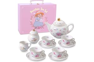 GIGGLE & HONEY Porcelain Tea Set for Girls - White & Floral Tea Party Set for Kids I Complete Children Tea Sets with Carry Case, Teapot, Cups and More, Birthday Gift for Little Girls & Toddlers