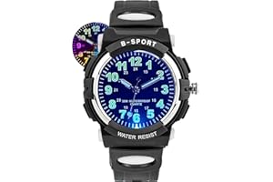 DTKID 7 Colorful Lights Children's Watch Boys Girls, Kids 30 M Waterproof Analog Watches Soft Rubber Band, Easy to Read Dial Time Lessons Wristwatch Children 5-18 Years Old