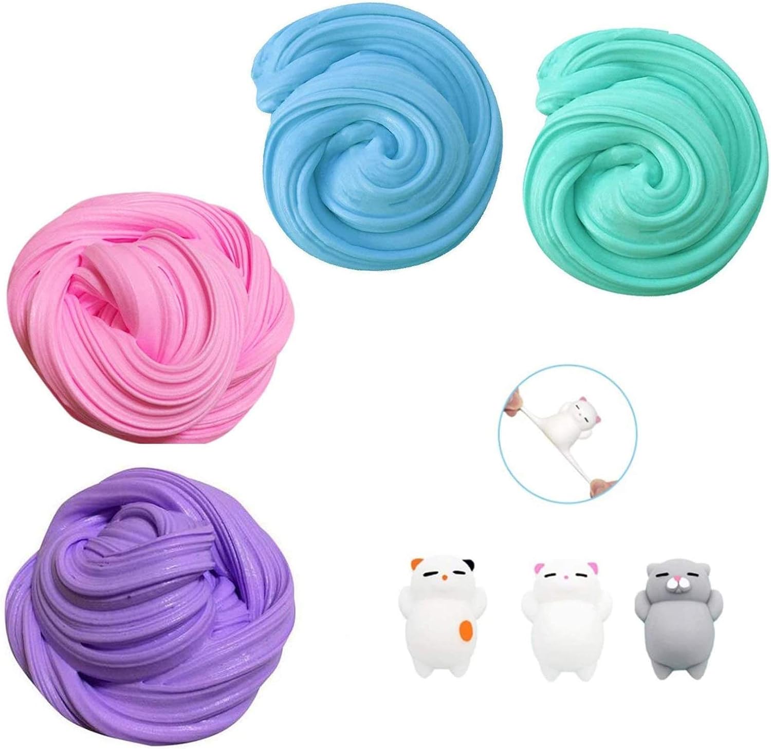 TIME4DEALS Fluffy Slime Kit, 4-Pack Jumbo Floam Slime Kit para Niños Adolescentes Adultos para el Alivio del estrés, Ideal para Ejercicios de Mano y Dedos (3pcs Squishy Gatos incluir)