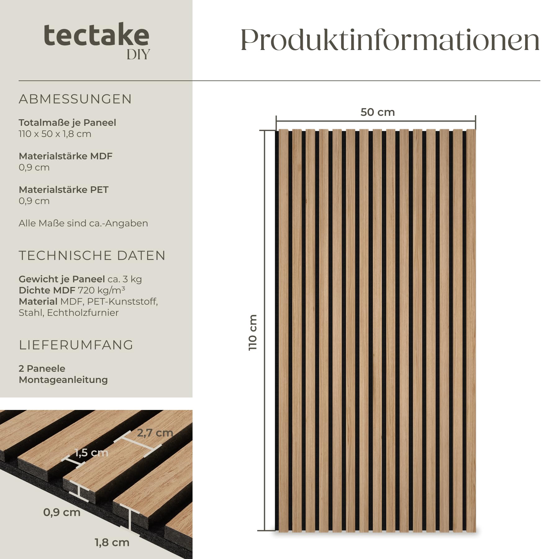 tectake® Akustikpaneele Echtholzfurnier 2er Set, Schallschutz, MDF Schallabsorber für Wand, Schalldämmung, Schallschutzplatten, Schalldämmplatten, Raumakustik, Geräuschdämmung, Wandpaneele - Eiche 6