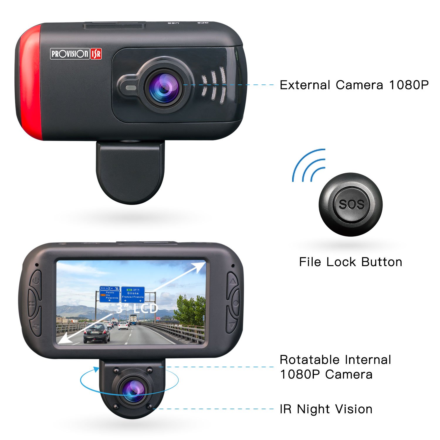 Provision-ISR Dual Dash Cam, Rotatable Inner Camera, Night Vision, Wireless SOS Button Included, Supports 64GB Memory Cards, Full HD 1080p, for Rideshare Drivers, Parking Guard, G Sensor