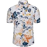 TUNEVUSE Men Floral Shirt Short Sleeve Button Down Flower Shirt Summer Beach Hawaiian Shirt Cotton