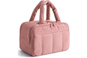 BAGSMART Travel Toiletry Bag, Puffy Large Toiletry Bag for Women, Lightweight Cosmetic Makeup Bag Organizer with Handle for Traveling, Accessories, Essentials, Toiletries （Dark Pink