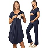 SUNNYBUY Women 3 PCS Maternity Nursing Nightgown Dress & Short Sleeve Breastfeeding Top & Pregnancy Pants Sleepwear Set
