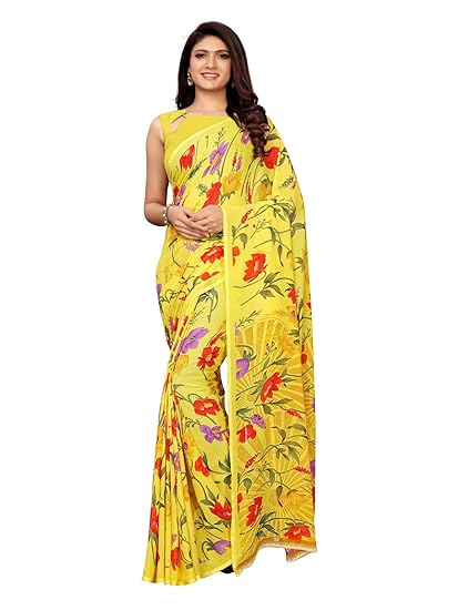KANCHNAR Womens Georgette Floral Print Saree with Blouse Piece