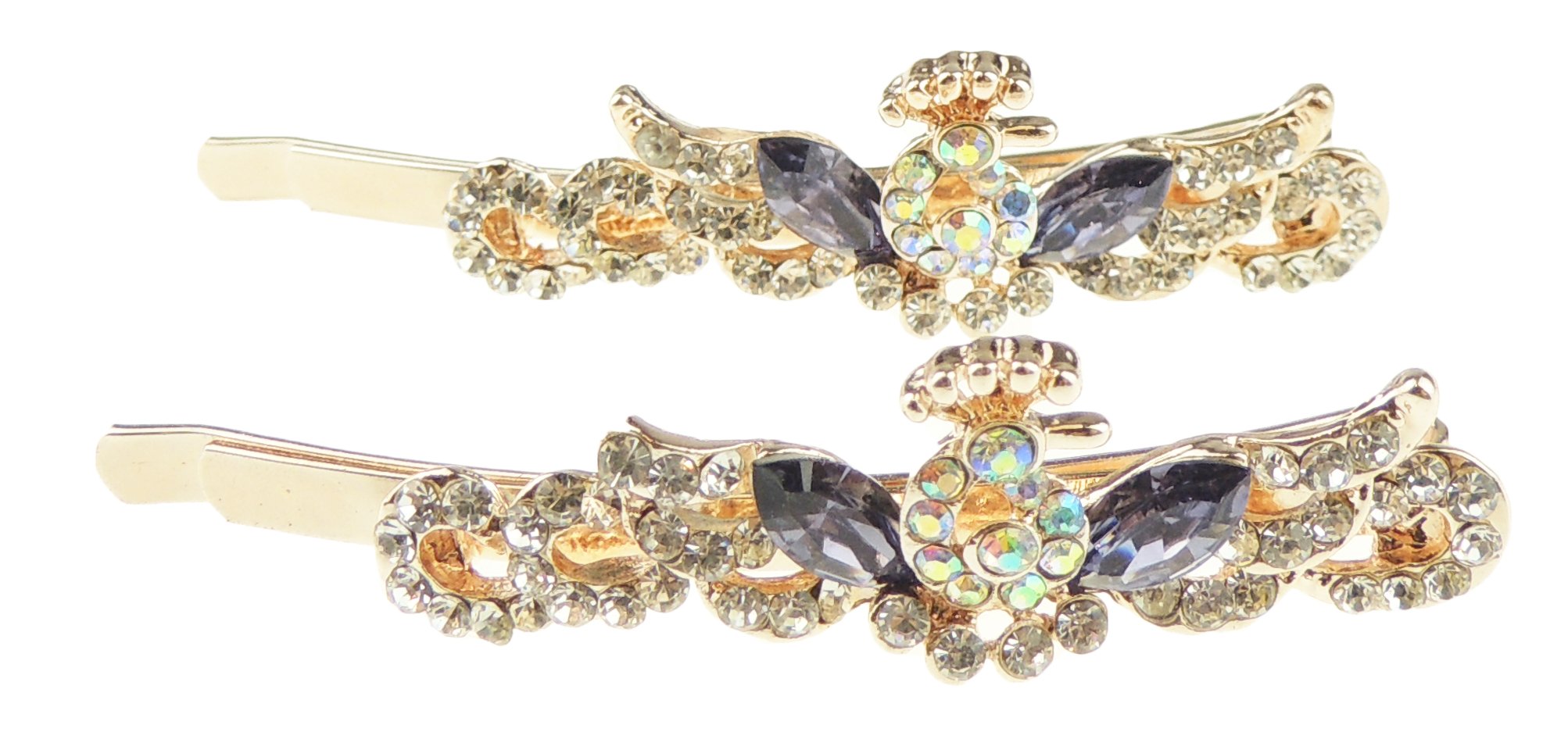 Womens Sparkly Bow Rhinestone Jeweled Crystal Diamante Party Birthday Christmas Bridal Proms Wedding Slides Hairpin Hair Clips Grips Bobby Pins Gold Tone Swirls SET of 2 Peacock Crown Purple