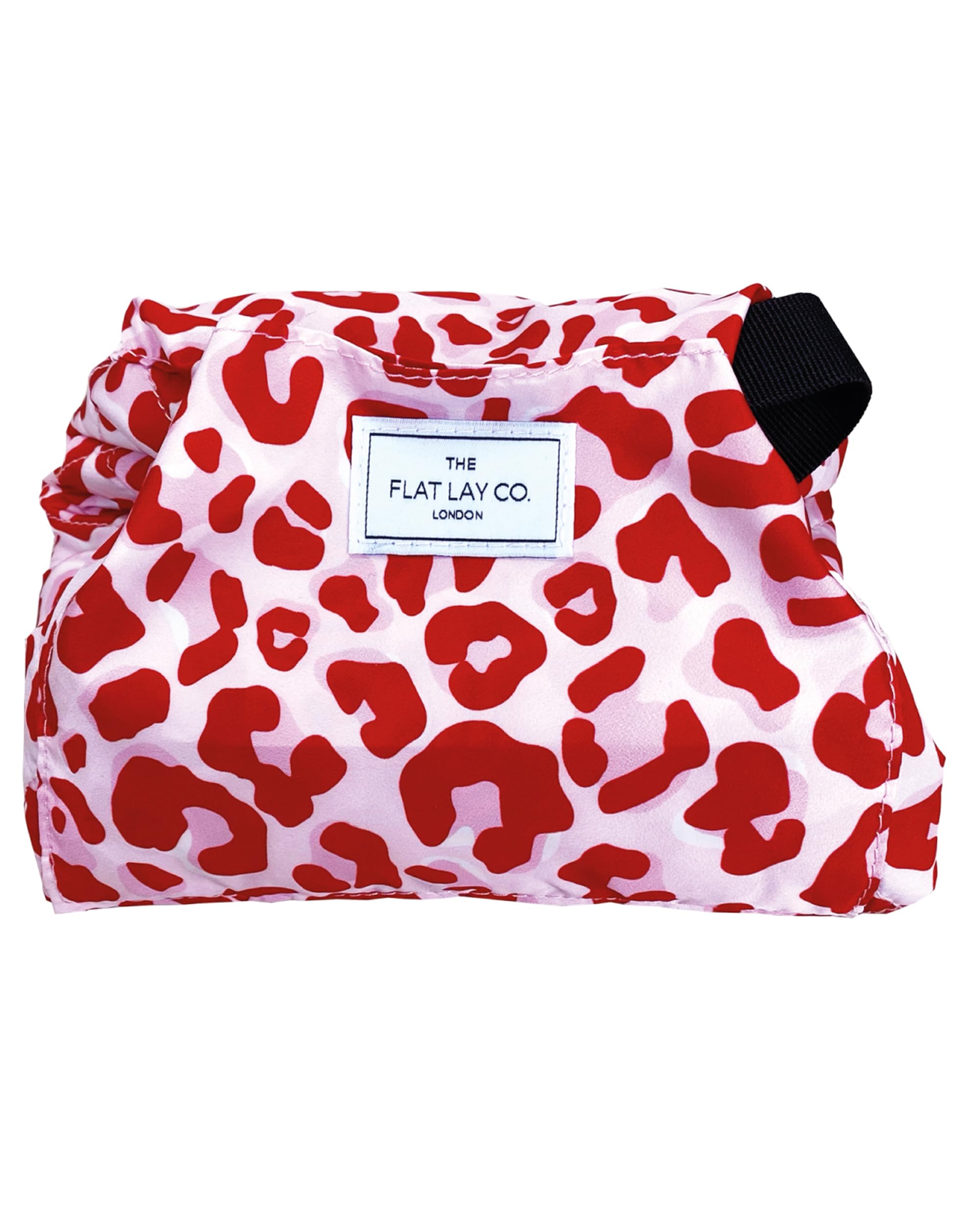 The Flat Lay Co. Makeup Bag - Pink Leopard Travel Drawstring Makeup Bag with Brush Holder & Large Pockets - Cosmetics Organiser Storage for Eyeshadow, Blushes, Lipstick, & Brushes