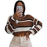 ZAFUL Women's Color Block Striped Sweater Crew Neck Lantern Sleeve Cropped Sweaters Casual Loose Knitted Tops