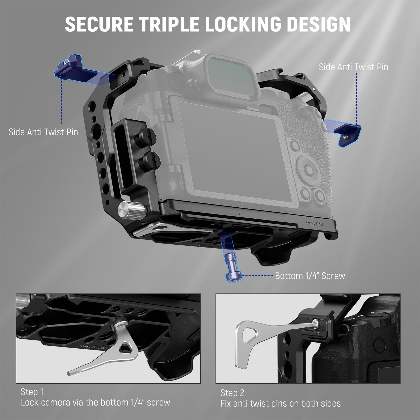 NEEWER EOS R8 Camera Cage, HDMI Cable Clamp, NATO Guide, Quick Release Ark Type Base, Anti-Torsion Screws, Aluminium Protective Video Rig Compatible with Canon R8 DJI RS 2 RSC 2 RS 3 Pro, CA039
