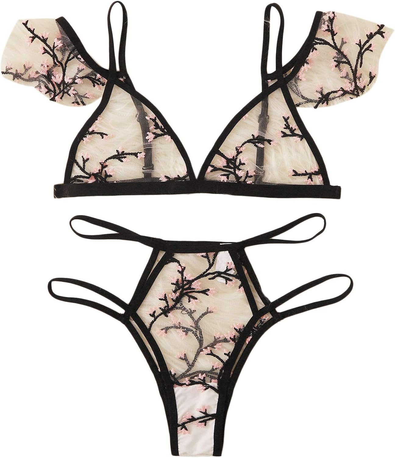 floral embroidery mesh bikini set