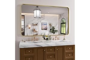 JISOSO Gold Bathroom Mirror, 55x30 Inch Brushed Gold Metal Frame Mirror for Wall, Rounded Rectangle Bathroom Vanity Mirror, Tempered Glass, Anti-Rust, Horizontal/Vertical