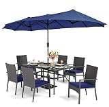 PHI VILLA 7 Piece Patio Dining Furniture Set with Umbrella, 60” Rectangular Metal Dining Table & 6 Cushioned Rattan Wicker Chairs & 13ft Large Blue Umbrella for Outdoor, Deck, Yard, Porch