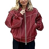 VOIKERDR Red Leather Jacket Women Zip Up Motorcycle Jacket Trendy Biker Coat Outwear Y2k Outfits