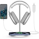 Miroddi Headphone Stand with Wireless Charger, Independent USB Charging Port, 5 in 1 Charging Station Headset Holder Rack for AirPods Max/Pro/4/3/2, iWatch, iPhone, Samsung and Desk Headphones, White