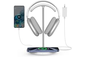 Miroddi Headphone Stand with Wireless Charger, Independent USB Charging Port, 5 in 1 Charging Station Headset Holder Rack for AirPods Max/Pro/4/3/2, iWatch, iPhone, Samsung and Desk Headphones, White