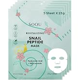 SOQU Snail Peptide Mask with Snail Mucin, Peptide, Hyaluronic Acid, Niacinamide, 23g x 5 Sheets, Made in Korea
