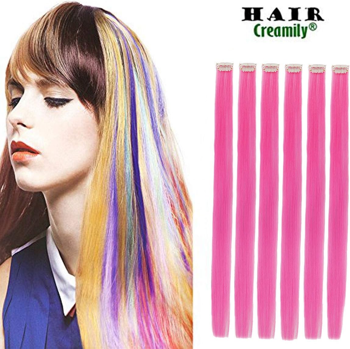 Creamily Clip in Hair Extensions 20 Inch Multi Color Hair Extensions Pink Party Highlights Long Straight Synthetic Hair Extension for Women Kids Girls (6 Pieces/Pack)