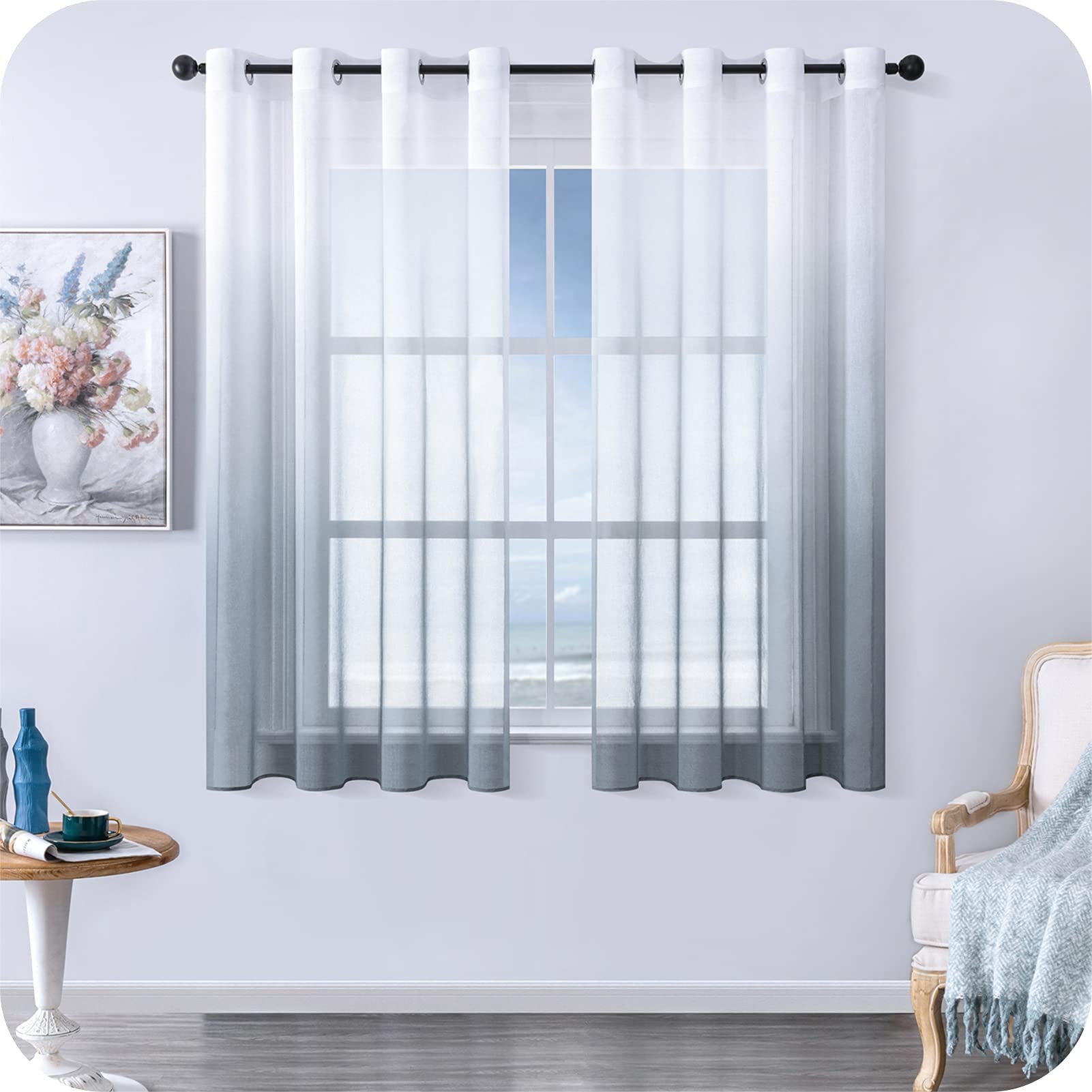 MRTREES Voile Curtains, Colour Gradient, Linen Look, Transparent Curtain, Short Tulle Curtain with Eyelets in Grey White Gradient, 145 x 140 cm (H x W), Modern for Decoration, Children's Room, Living