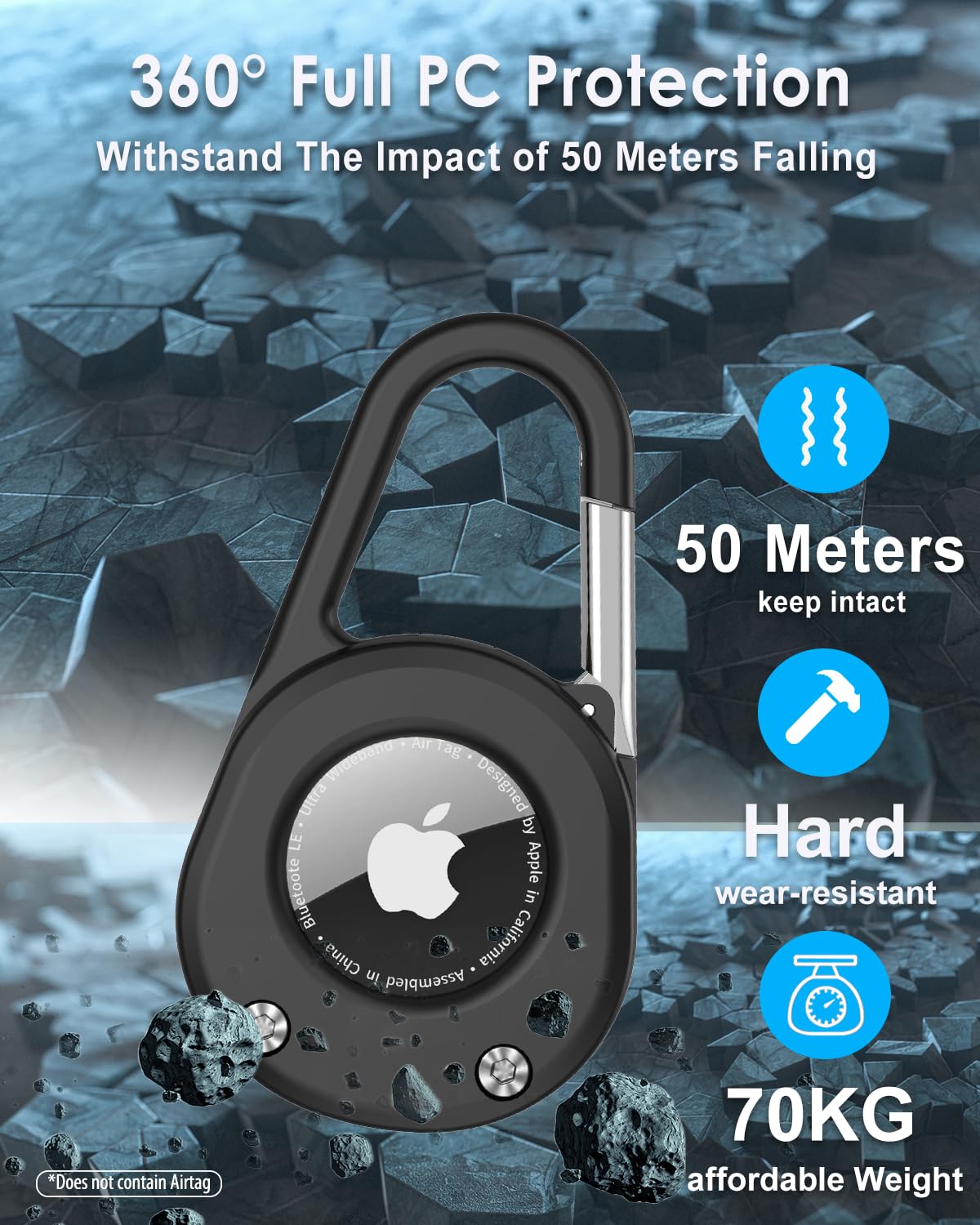 SCALLOP Schlüsselanhänger für AirTag (1. und 2. Generation), mit Karabiner, dicker, harter PC-Luftmark-Halter, IPX8 wasserdicht, sicheres Schloss, Universal-Rad-Schlüsselanhänger (Schwarz, 1 Stück) 6